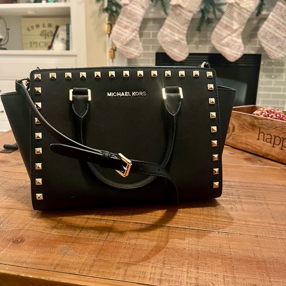 SOLD Michael Kors gold studded Selma hard leather Crossbody satchel  - Picture 1 of 5